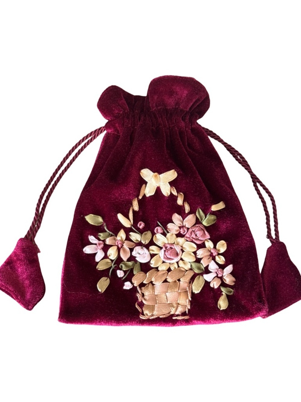 Source Unknown Burgundy Velvet Drawstring Bag with Ribbon Floral Basket